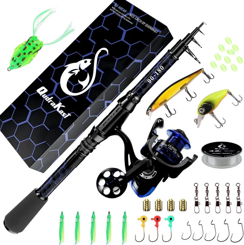 QudraKast Fishing Rod and Reel Combos, Carbon Fiber Telescopic Fishing Rod with Reel Combo Kit with Tackle Box, Best Gift for Fishing Beginner and Angler (180 Bule) - Image 1